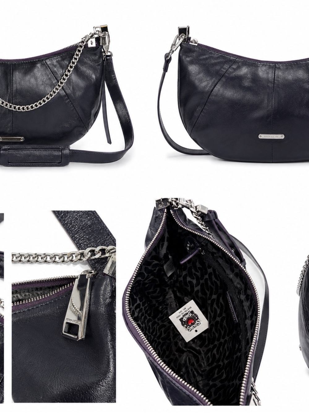 Rebecca Minkoff Leather Crescent Shoulder Bag with Chain in deep purple.